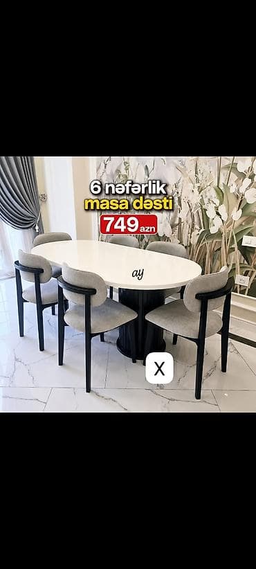 su samuru: 6 nəfərlik masa dəsti - Zərif, oval formalı ağ yemək masası - — 1