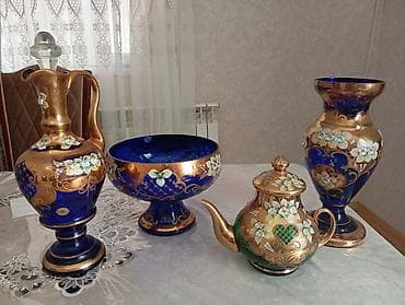 ваза для фруктов богемия: Böhmian (Murano üslubunda) bəzəkli şüşə dəst - Rəng: kobalt mavi və — 1