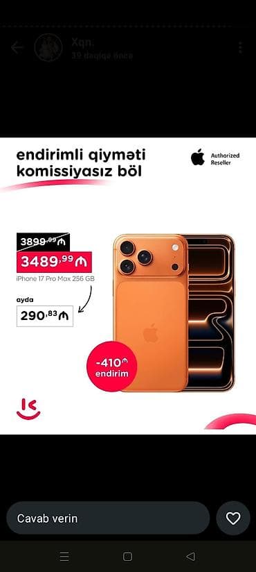 apple imac: IPhone 17 Pro Max, 256 GB, Narıncı, Hissə-hissə ödəniş — 2