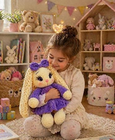 Yumşaq oyuncaqlar: Xüsusi əl işi toxunma oyuncağ – bənövşəyi donlu dovşan kukla - — 4