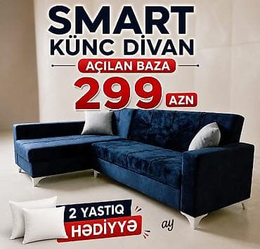 SMART künc divan – açılan baza ilə. - Yumşaq, tünd mavi parça üzlük -