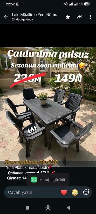 stul plastik: Yeni Plastik masa dəsti📌 _*Qatlanan masa+6 STUL*_ 📌 *Qiymət — 1