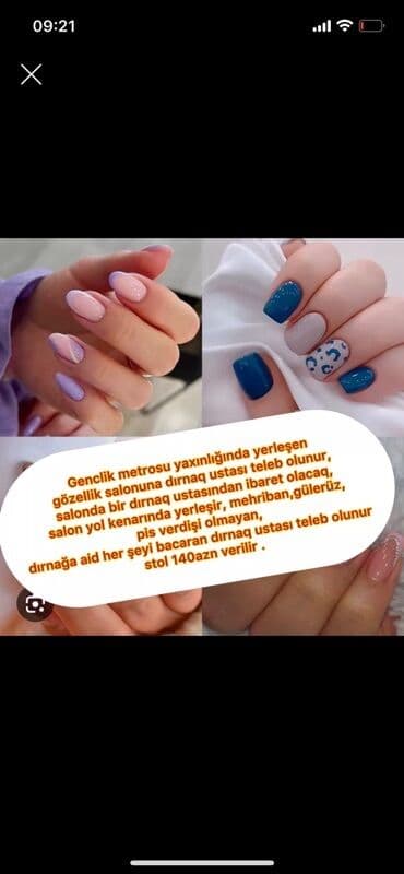 dırnaq ustası: Dırnaq ustası tələb olunur, Yerin icarəsi, 1-2 illik təcrübə — 1