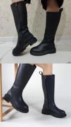 женские зимние замшевые ботфорты: Qadınlar üçün uzun çəkmə – qara rəngdə, minimal dizaynlı.QİYMƏTİ 25 — 1