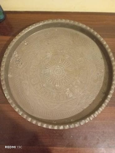 mis samovar: Qədimi Sovet dövrünə aid mis/bronz qab-qacaqdan servis sini (podnos) — 1