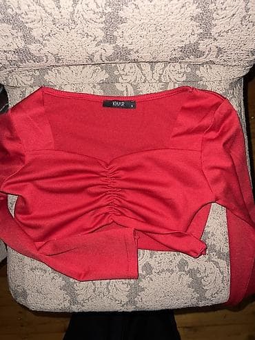 oryental geyimi: Qırmızı uzunqol kroptop - Model: V-yaxa effektli, ön hissədə büzgülü — 7