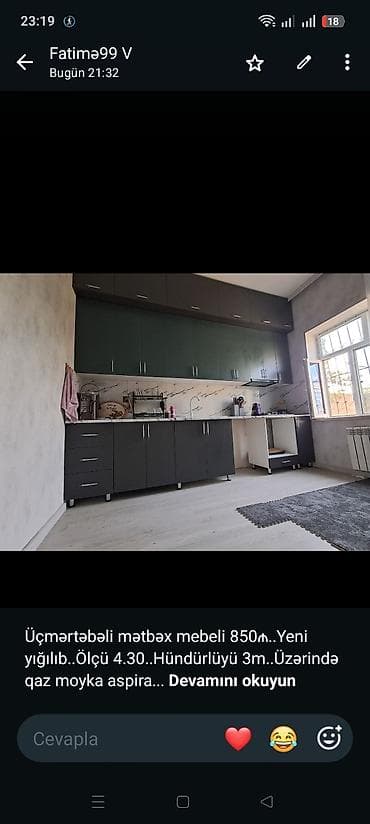 Üçmərtəbəli mətbəx mebeli 850₼. Yeni yığılıb. Ölçü 4.30. Hündürlüyü