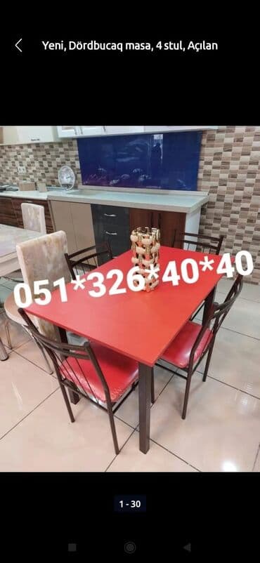 Masa və oturacaq dəstləri: Qonaq otağı üçün, Yeni, Açılan, Dördbucaq masa, 4 stul — 18