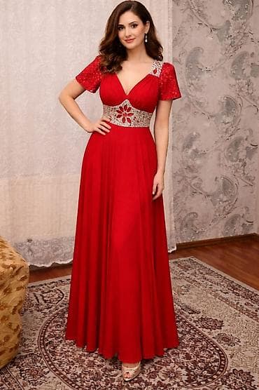 Qırmızı rəngdə zərif ziyafət paltarı - Model: Uzun, A-kəsim ətəkli