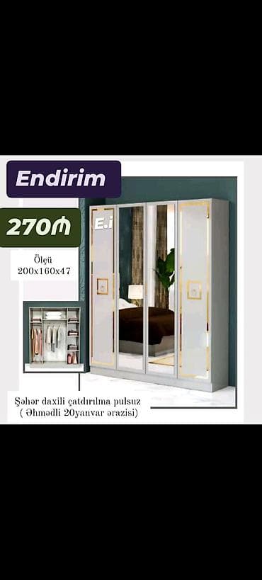 Güzəştli dolab – 270₼ Ölçü: 200×160×47 sm - 4 qapılı geyim dolabı -