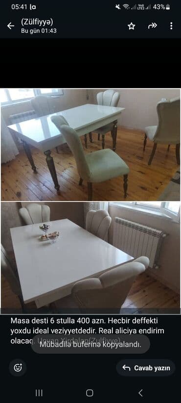 stol desdi: Masa desti 6 stulla 400 azn. Hecbir deffekti yoxdu ideal — 1
