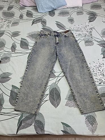 Unisex düz kəsim cins şalvar - Rəng: açıq-boz yuyulmuş (acid wash