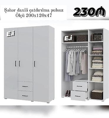 dolab termo: Ağ rəngli üç qapılı paltar şkafı - Ölçü: 200x120x47 sm - Daxili — 1