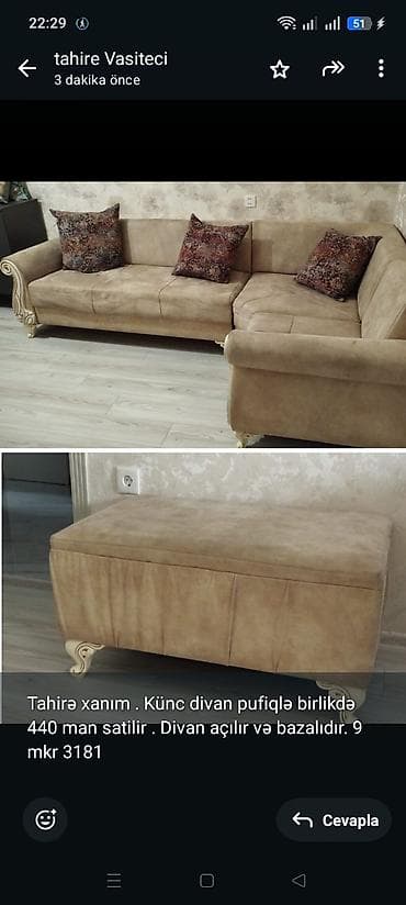 pufik satisi: Tahirə xanım . Künc divan pufiqlə birlikdə 440 man satilir . Divan — 1