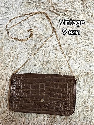 vintage çanta: Vintage qol çantası - Krokodil naxışlı qəhvəyi material - Qızılı — 1