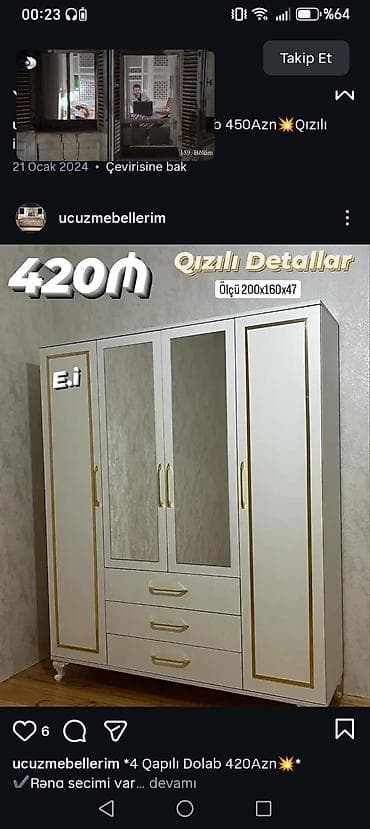 4 qapılı paltar dolabı – qızılı detallar ilə - Ölçü: 200×160×47 sm -