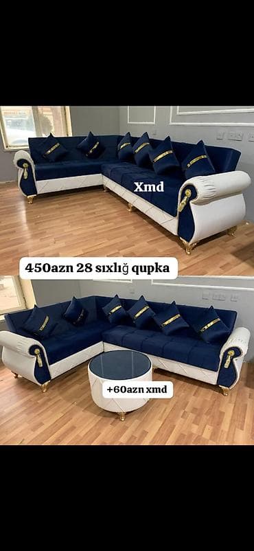beyoglu mebel: Künc divan dəsti – klassik və zərif dizayn • Rəng: tünd mavi və ağ — 1