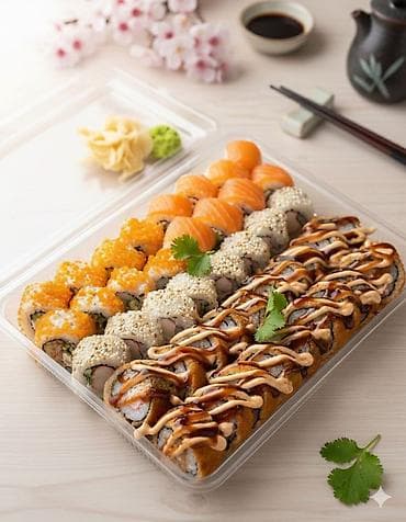 soya wax: Sushi və roll assortisi – böyük taxta ləvədə müxtəlif növdə dəst - — 4
