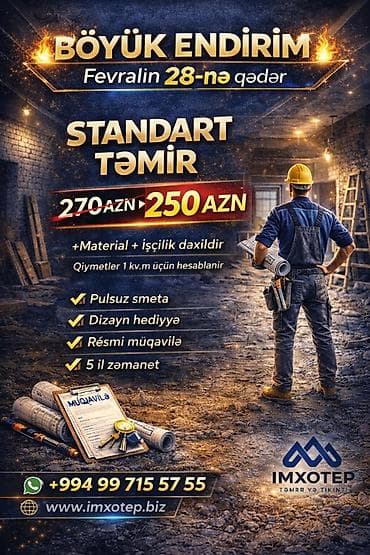 "STANDART" TƏMİR PAKETİ 1 m² 250 AZN GÖRÜLƏN İŞLƏR​: ▪️Divarlar