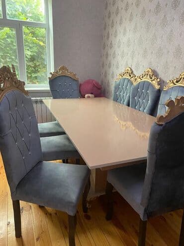 стулья для столовой: Qonaq otağı üçün, İşlənmiş, Dördbucaq masa, 6 stul — 1