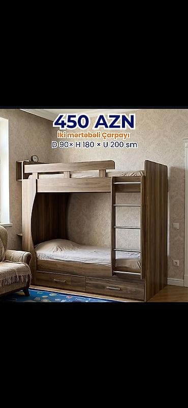 uwaq ucun manej: İkimərtəbəli çarpayı – 450 AZN Ölçülər: D 90 × H 180 × U 200 sm - — 1