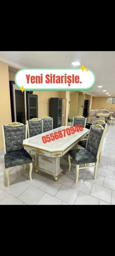 tək stollar: Qonaq otağı üçün, Yeni, Açılmayan, Dördbucaq masa, 6 stul — 3