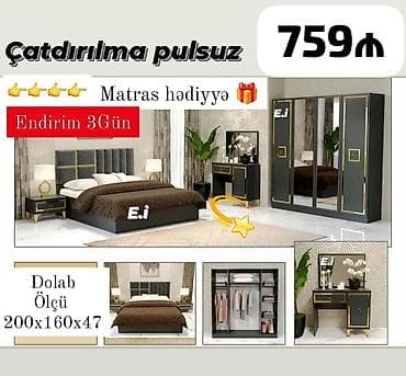 Yataq otağı dəsti – modern dizayn, qızılı detallarla Qiymət: 759₼ — 1
