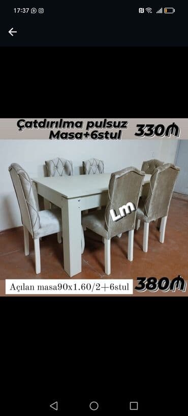 laminat qiyməti: Qonaq otağı üçün, Yeni, Açılan, Dördbucaq masa, 6 stul — 23