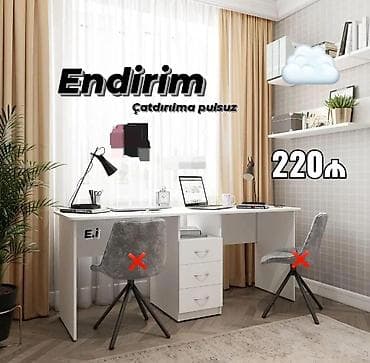İki nəfərlik iş/oxu masası - Rəng: ağ - Dizayn: ortada 3 çekmecəli