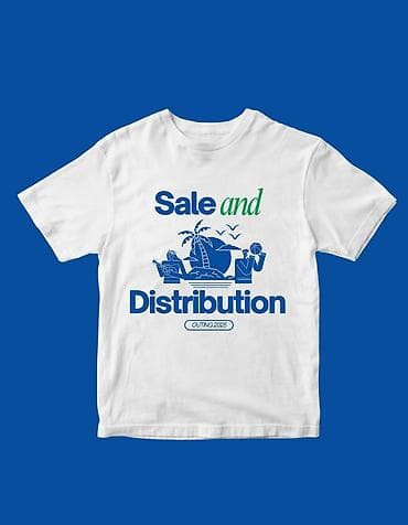 ağ palto: Ağ rəngli qısaqoll T‑shirt. Ön hissədə iri mavi-yaşıl çap: “Sale and — 1