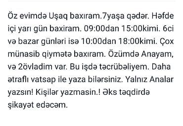bolt operator nomresi: Uşaq baxımı xidməti. Öz evimdə 7 yaşadək uşaqlara nəzarət edirəm. İş — 1