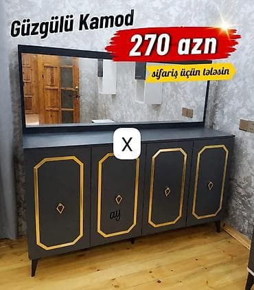 Güzgülü kamod – elegan dizaynlı, qara rəngdə korpus və qızılı dekor