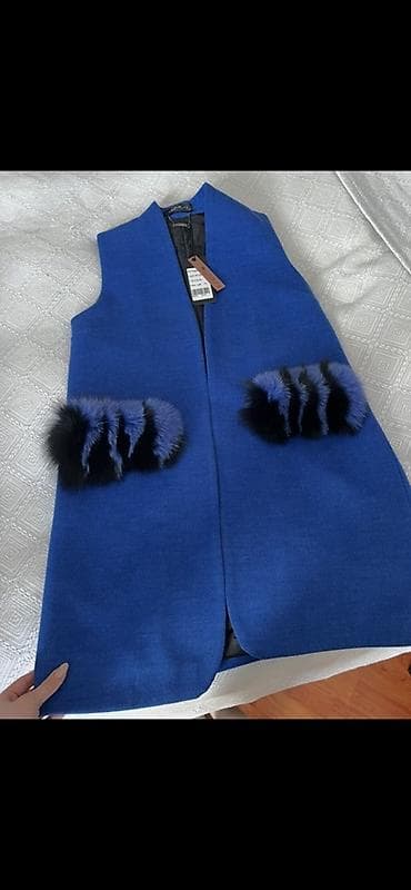 qadin alt geyim: Qadın uzun jilet – elektrik-mavi rəngdə - Model: yaxasız, düz kəsim — 4