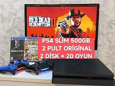 Şəkildəki original dəst PS4 slim 500gb nöqtə cızıq yox +2 pult+ 2disk — 1