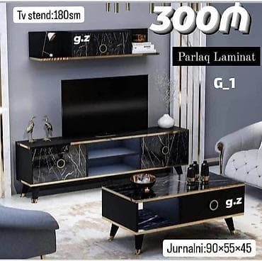 qara sam: Parlaq laminatlı TV stend və jurnal masası dəsti - Material: Parlaq — 1