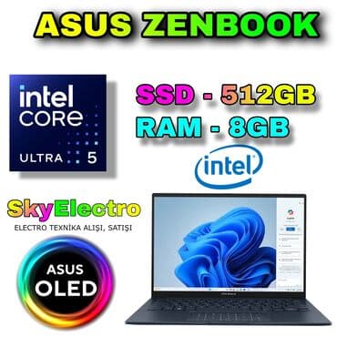 Yeni ASUS Zenbook, 14 ", Intel Core i5, 512 GB, Ünvandan götürmə, Pulsuz çatdırılma, Ödənişli çatdırılma