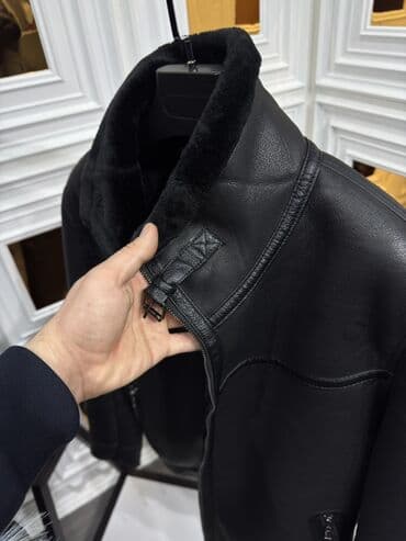 Pencəklər: Qara rəngli kişi dəri gödəkçə - Model: yüksək yaxalı, klassik düz — 5