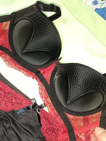 qadınlar üçün krujevalı maskalar: Qırmızı-qara dəbli qadın alt geyim dəsti - Dəst: push-up bra + tuman — 3