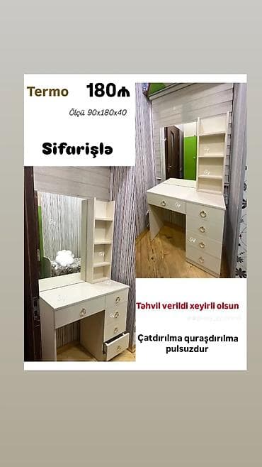 makyaj masa: Termo makiyaj masası – ölçü 90×180×40 sm Xüsusiyyətlər: - Geniş güzgü — 1