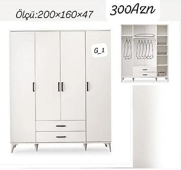 Ağ rəngdə 4 qapılı geyim dolabı Ölçü: 200 × 160 × 47 sm Qiymət: 300