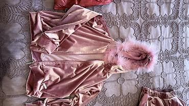 dəst geyimler: Qız üçün məxməri idman dəsti - Rəng: pudra/çəhrayı - Material: yumşaq — 1