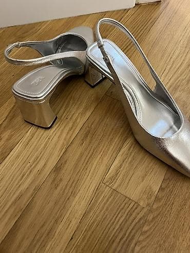 tufli: ZARA qadın ayaqqabısı – gümüşü rəng, slingback model - Forma: kvadrat — 2