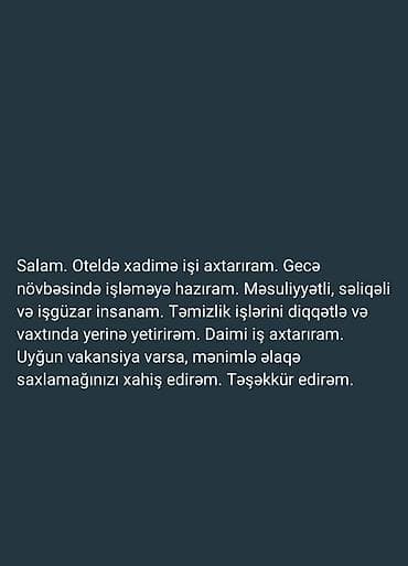 Xadimə, Otel, 38 yaş, 1 ildən az təcrübə lalafo.az -da Xadimə, Otel, 38 yaş, 1 ildən az təcrübə
