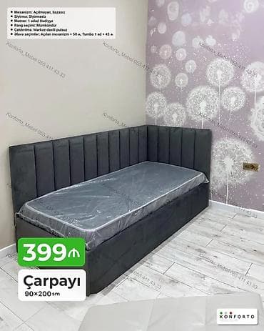 islenmis matras: Künc yumşaq başlıqlı çarpayı – 90×200 sm - Mexanizm: Açılmayan — 1