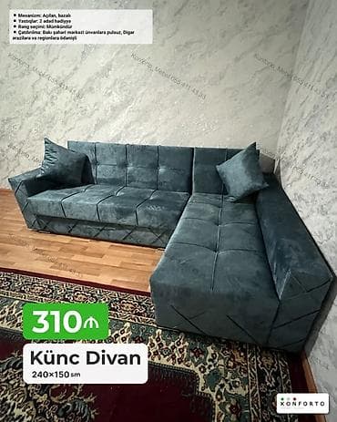 Künc divan – 240×150 sm • Mexanizm: açılan, bazalı (yataq funksiyalı — 1