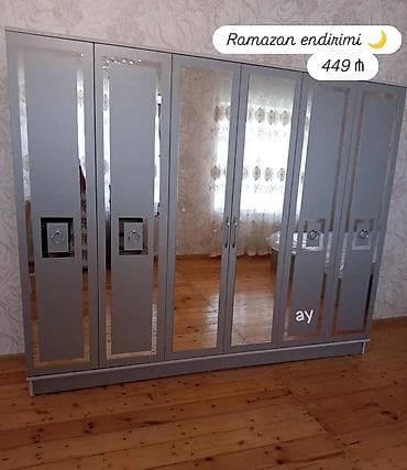 Yeni, 6 qapı, Güzgülü, Boz, Digər material, Açılan, Düz dolab