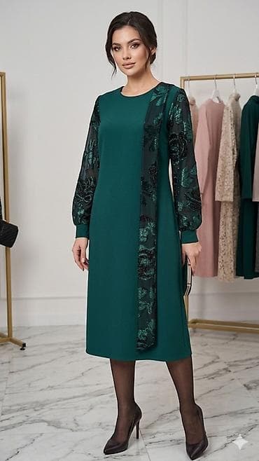 zumrud: Zümrüd-yaşıl midi paltar - Klassik düz kəsim, dizi örtən uzunluq - — 1