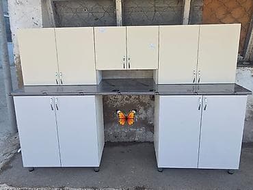 metbex mebli: Mətbəx mebeli dəsti - Ölçü: 225 sm - Rəng: açıq krem üst dolablar, ağ — 1