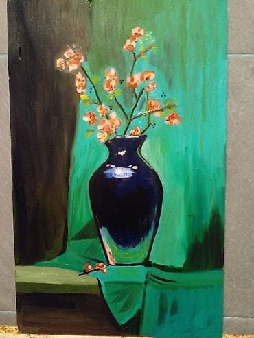 yastık: Rəsm əsəri – “Vazoda çiçəklər”34x21sm ölçü natura-mortTaxta üzərində — 2