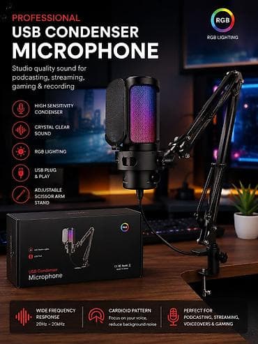 Peşəkar USB Kondensator Mikrofonu – podkast, strim, oyun və səs yazısı